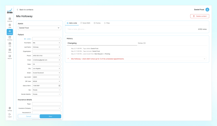 Patient profiles in a practice management app