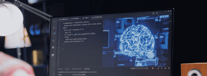 AI engineer enhancing legacy code with an AI module, blending traditional programming with cognitive computing