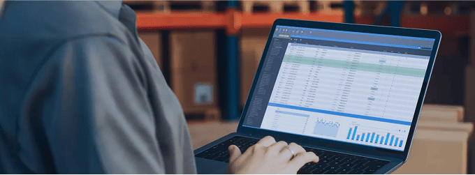 Operations team manager audits real-time logistics data to optimize warehouse performance.