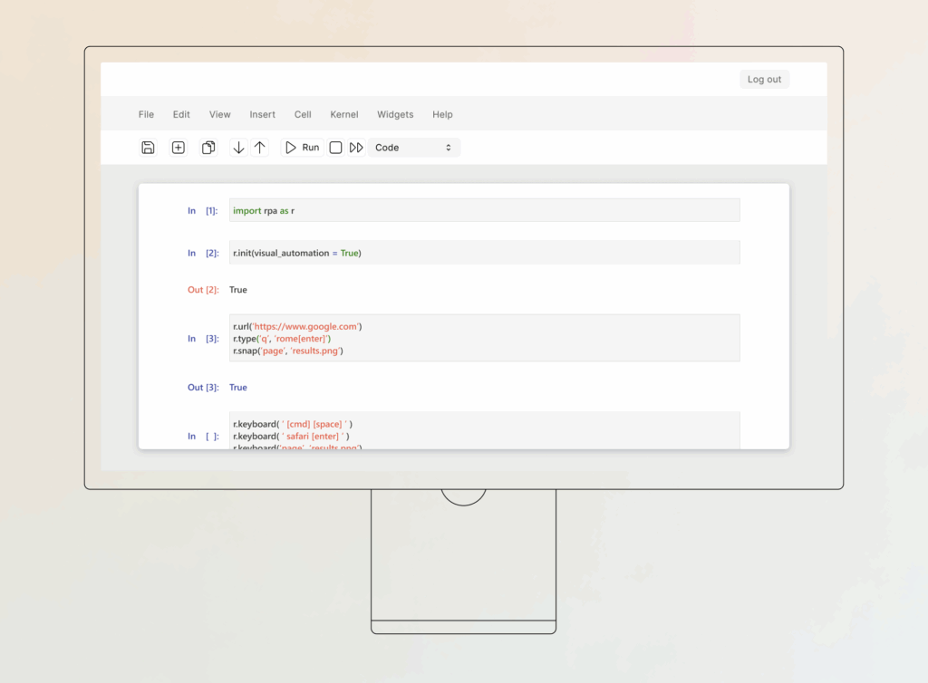 Code snippet showing robotic process automation setup in Jupyter for tasks automation.
