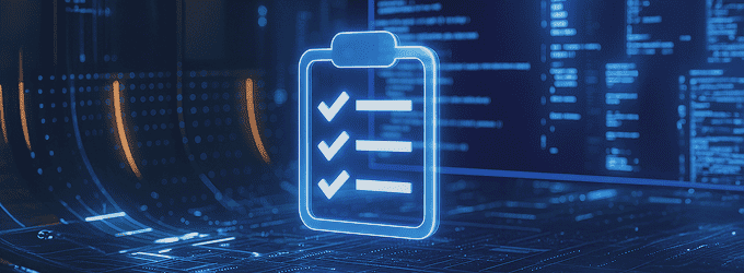IT dashboard showing a glowing clipboard checklist against streaming code, illustrating developer issue resolution and recommendations