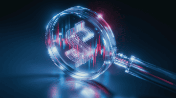 Magnifying glass highlighting a digital dollar symbol, emphasizing detailed analysis of monetary data.