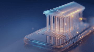 Transparent architectural structure layered onto a smartphone, conveying digital systems connected to institutions.