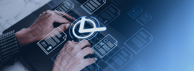 IT professional working on laptop surrounded by holographic document schemas and a scheduling icon for task management