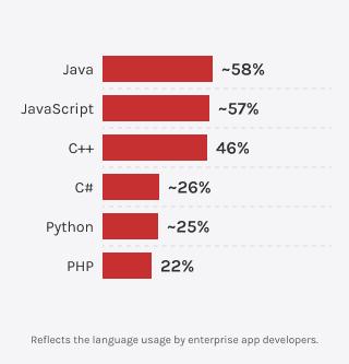 Chart highlighting relative usage of Java, JavaScript, C++, C#, Python, and PHP in enterprise software.