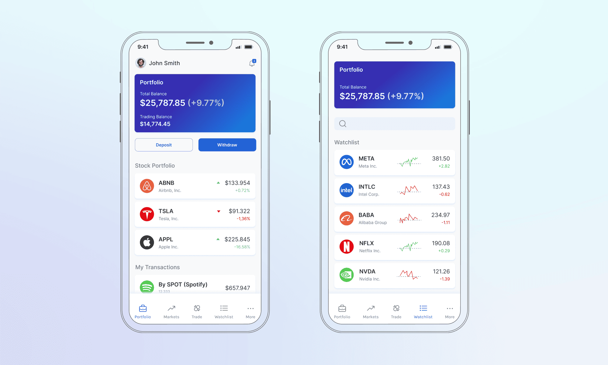 Mobile stock trading app screens showing account balance, stock holdings, and real-time watchlist charts.