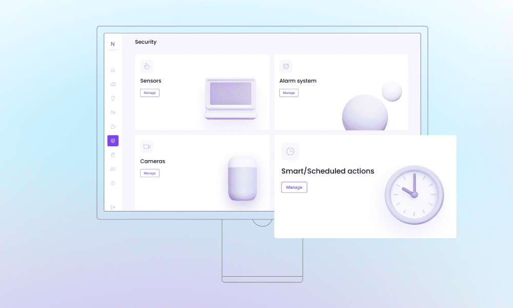 Smart home security interface featuring an alarm system and emergency response protocols