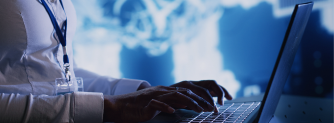 IT specialist running diagnostics and updating systems in a high-tech workspace with digital displays