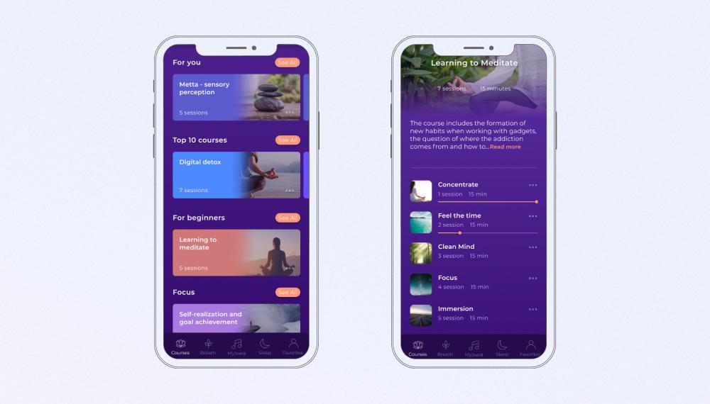 Meditation mobile app UI with personalized learning tracks and guided session playlists