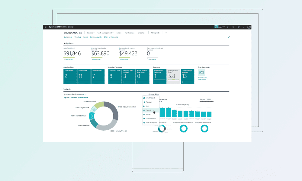 Microsoft Dynamics 365 Business Central dashboard for finance and cash management