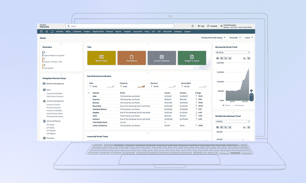NetSuite ERP dashboard with financial reporting, KPIs, revenue trends, and business performance analytics