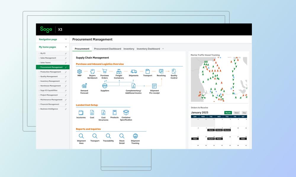 Sage X3 manufacturing dashboard for production planning, work orders, inventory coordination, and shop floor control