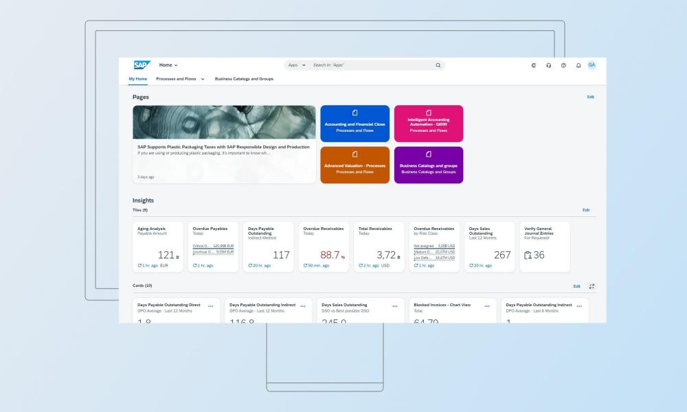 SAP S/4HANA dashboard showing finance analytics, receivables tracking, payables monitoring, and accounting process tiles