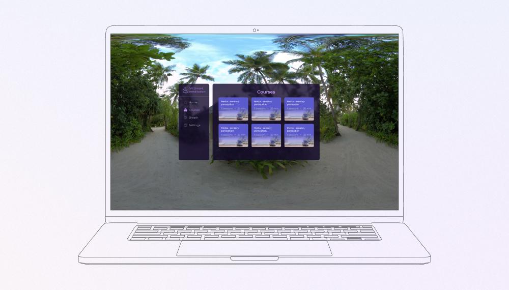 VR meditation platform interface with immersive nature environment and guided courses